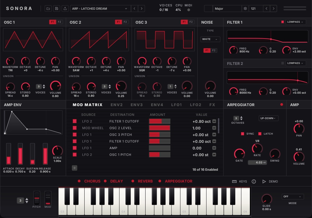 Sonora's window with the preset Arp - Latched Dream: three oscillators, noise, two filters, the modulation matrix, the arpeggiator latched over three octaves, chorus, delay and reverb on, and the keybed below.