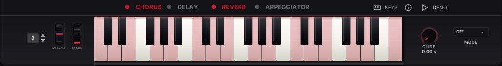 Close-up of the keybed: the notes of A minor pentatonic tinted across three octaves, with the pitch and mod wheels on the left and glide on the right.