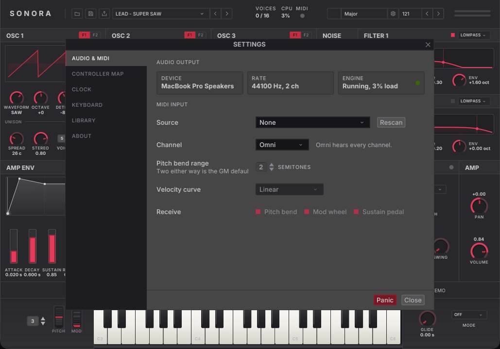 Sonora's settings sheet, on Audio and MIDI: the output device and sample rate, engine load, and the MIDI source, channel, bend range and velocity curve.